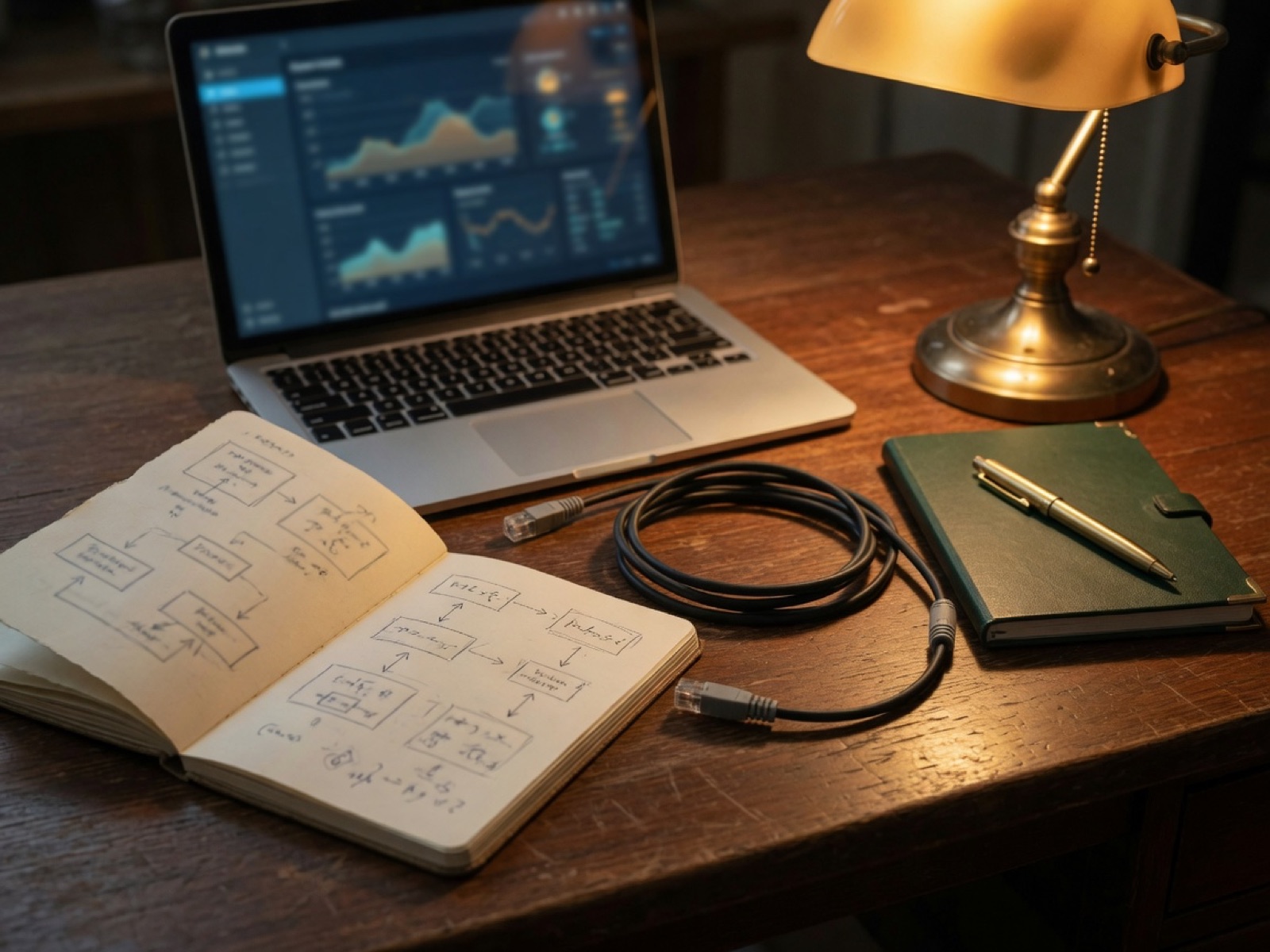 A desk at night with a notebook of flow diagrams, ethernet cable, and a laptop showing an operations dashboard.