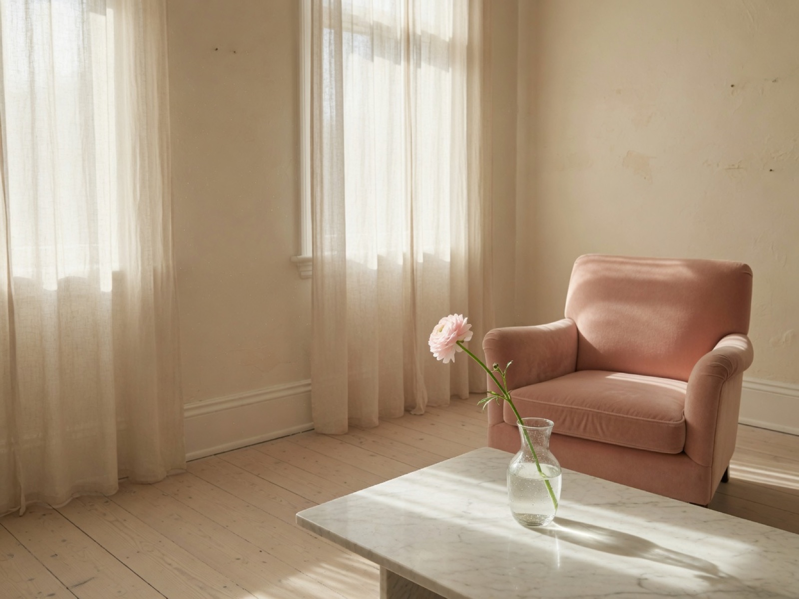 A sunlit sitting room with a blush armchair, marble table, and a single pink flower.