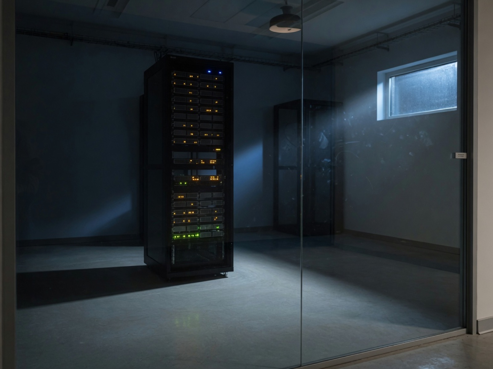 A quiet equipment rack behind glass in a dim room.